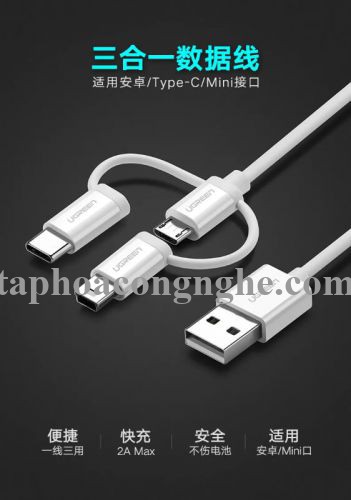 Ugreen 40766 0.5m màu Bạc Cáp dữ liệu USB 3trong1 micro + lightning + mini USB + truyền dữ liệu từ máy tính ra điện thoại US185 30040766